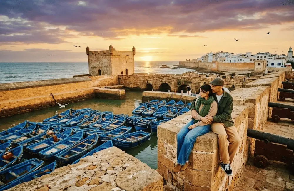 Balade à cheval en couple au bord de l'océan au coucher du soleil à Essaouira