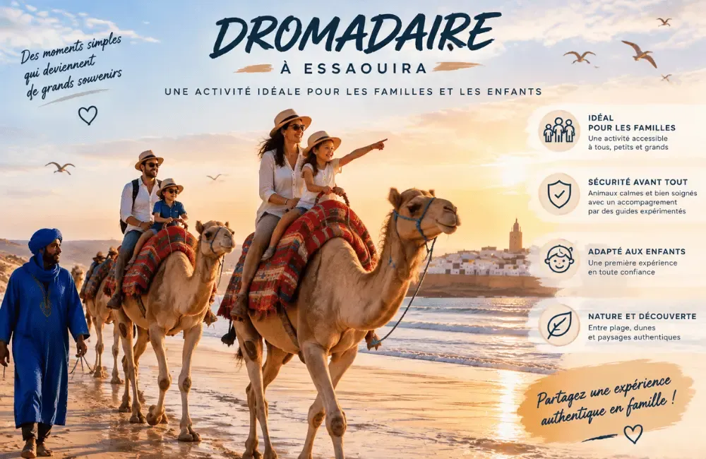 Balade dromadaire Essaouira : activité authentique et sécurisée idéale pour les familles et les enfants sur la plage