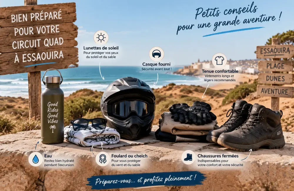 Circuit quad Essaouira : conseils d'équipement, tenue recommandée, casque, chaussures fermées et sécurité