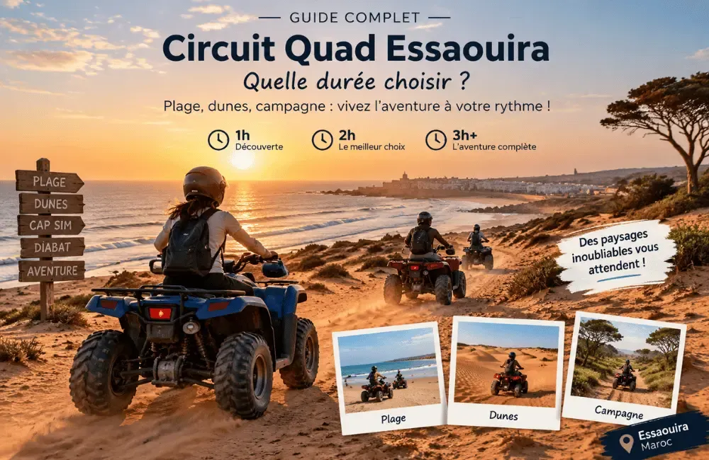 Circuit quad Essaouira : guide des durées 1h 2h et demi-journée entre plage et dunes