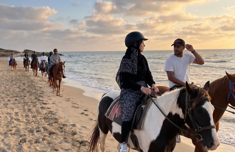 Groupe de cavaliers pendant une randonnée à cheval au bord de l’océan à Essaouira
